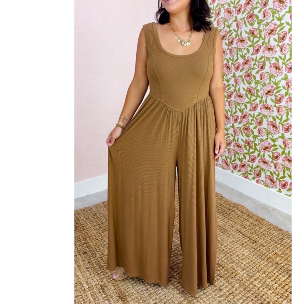 Ribbed Wide Leg Jumpsuit Womens Brown Good Scoop Neck Sleeveless